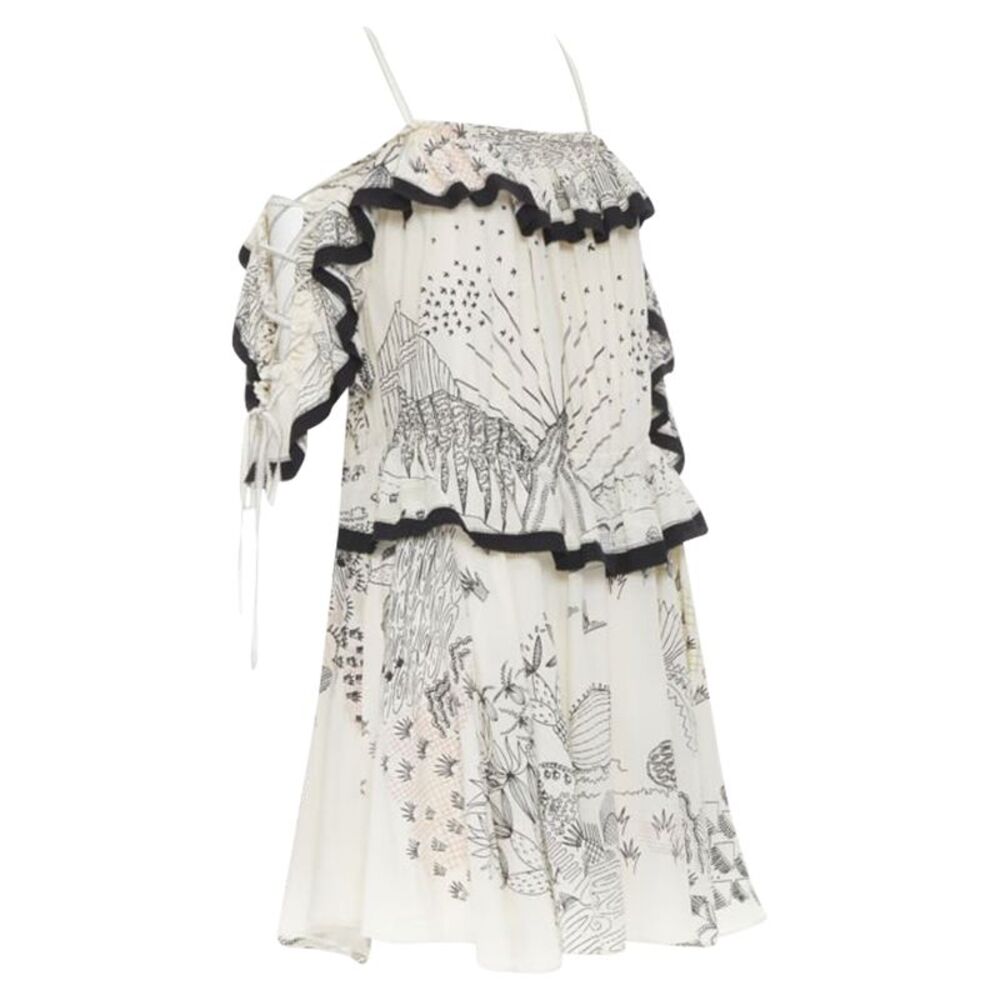 Valentino Garavani Garden illustration print silk off shoulder lace up dress - Picture 3 of 6